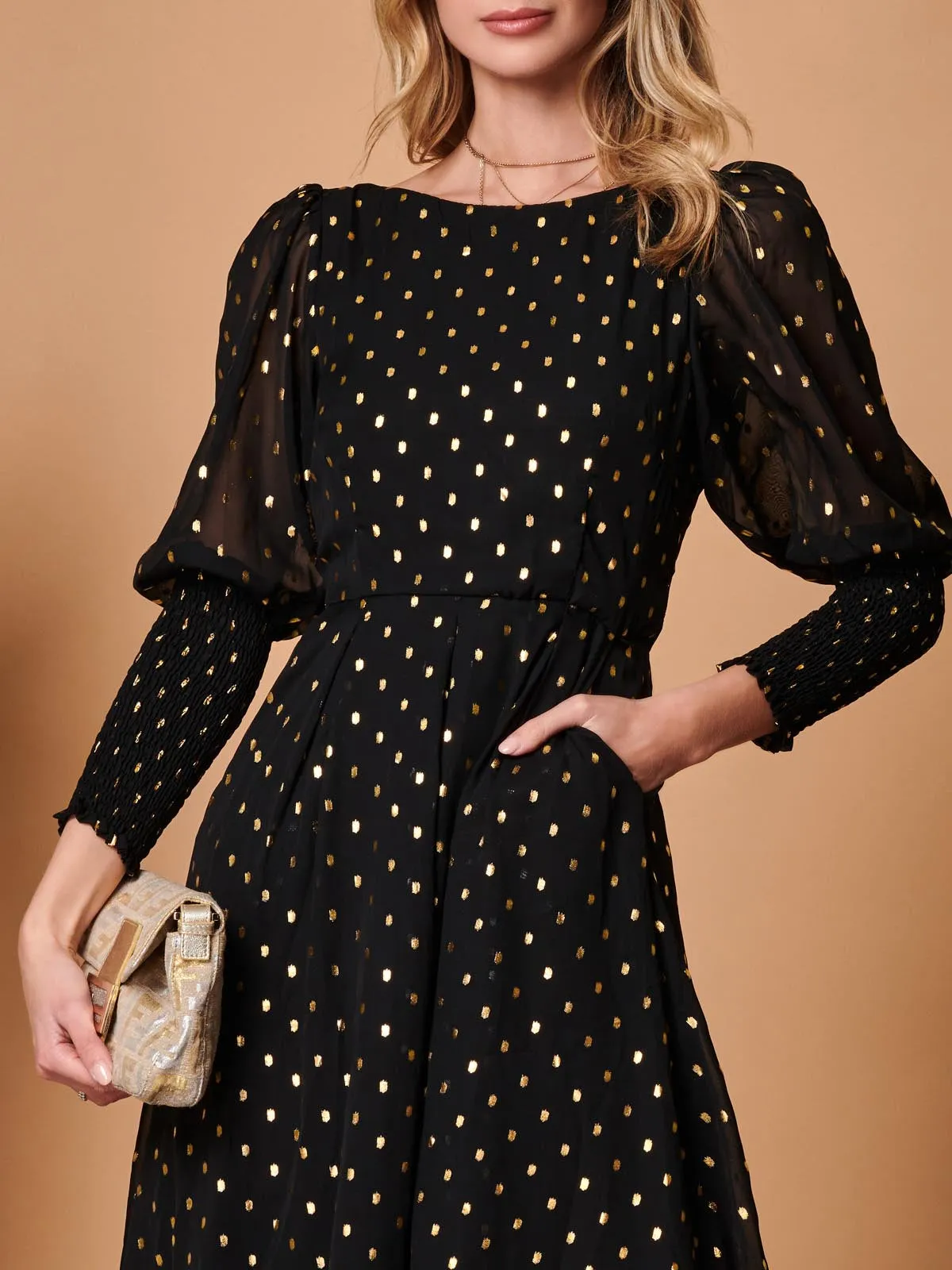 Metallic Chiffon Puff Sleeve Maxi Dress, Black