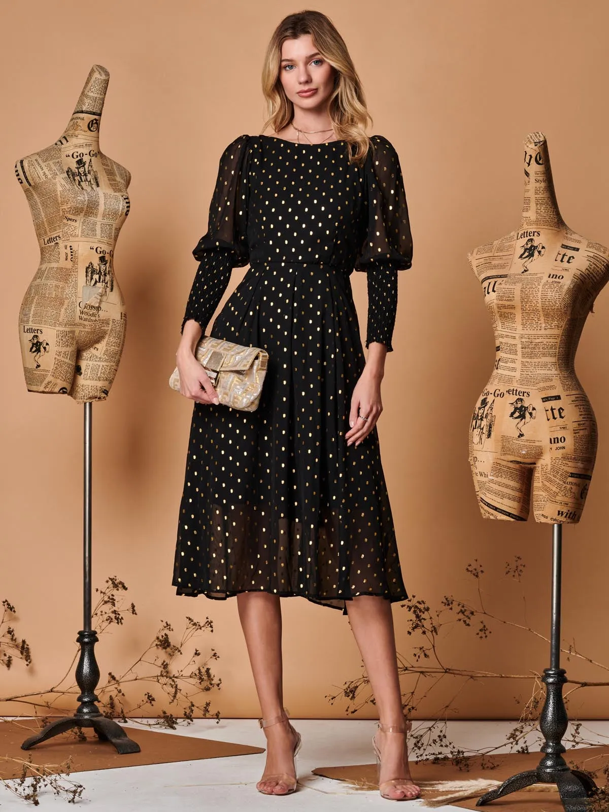 Metallic Chiffon Puff Sleeve Maxi Dress, Black
