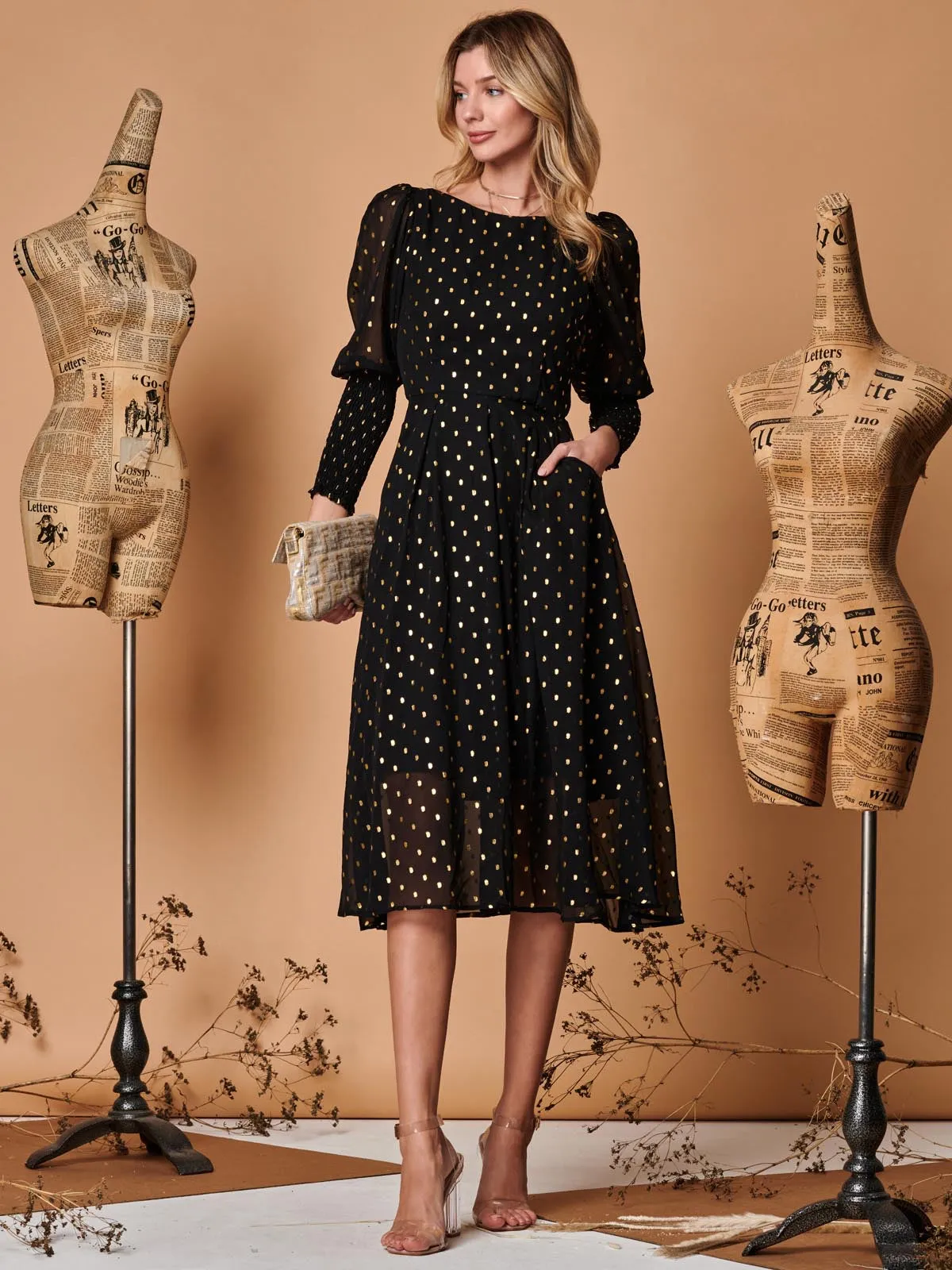 Metallic Chiffon Puff Sleeve Maxi Dress, Black