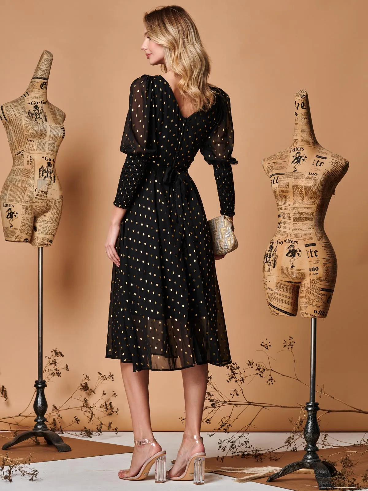 Metallic Chiffon Puff Sleeve Maxi Dress, Black