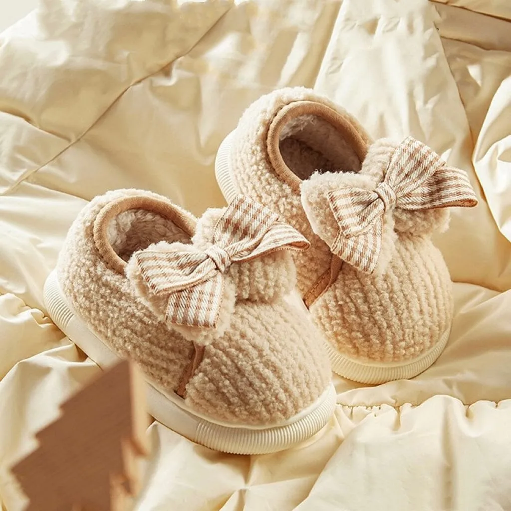 Plaid Bow Plush Winter Indoor Shoes